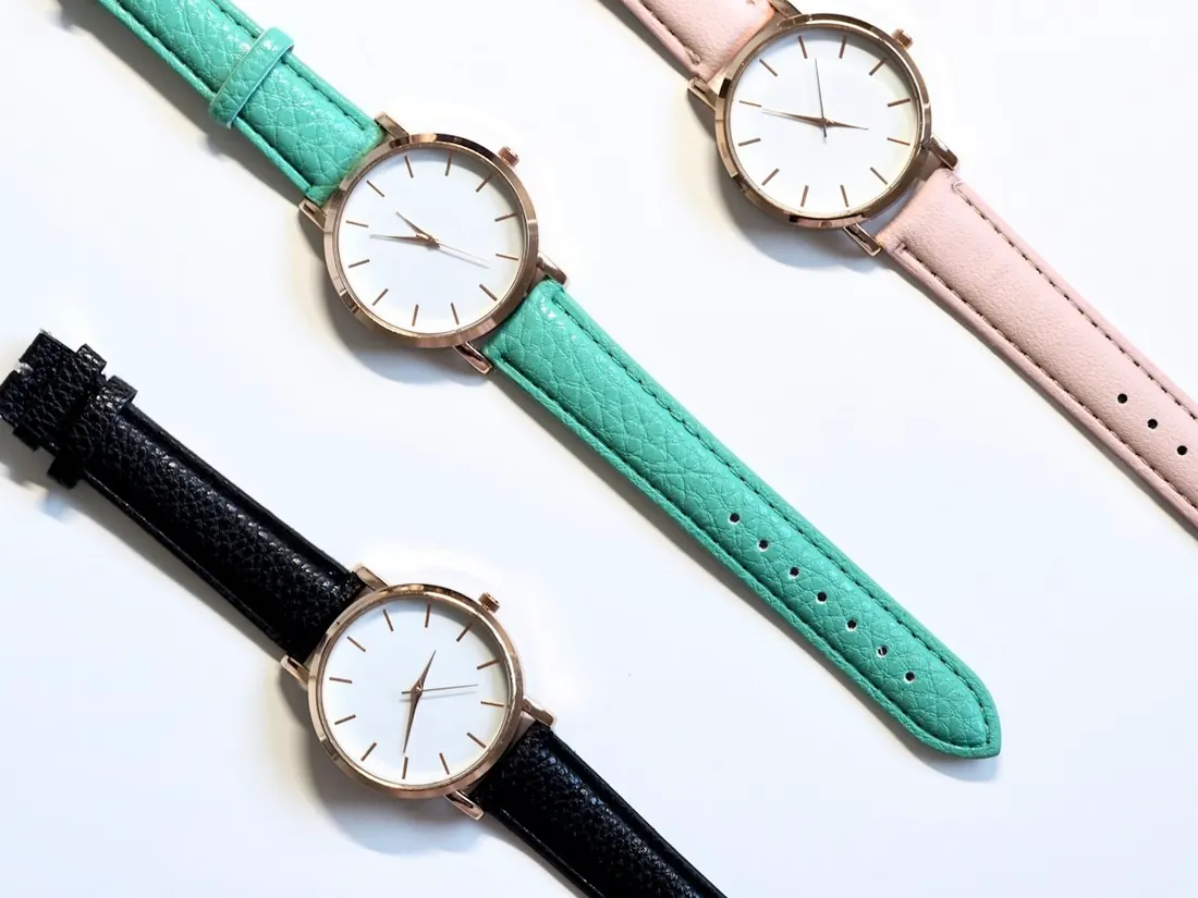 watch strap colours and styles: teal, pink and black straps